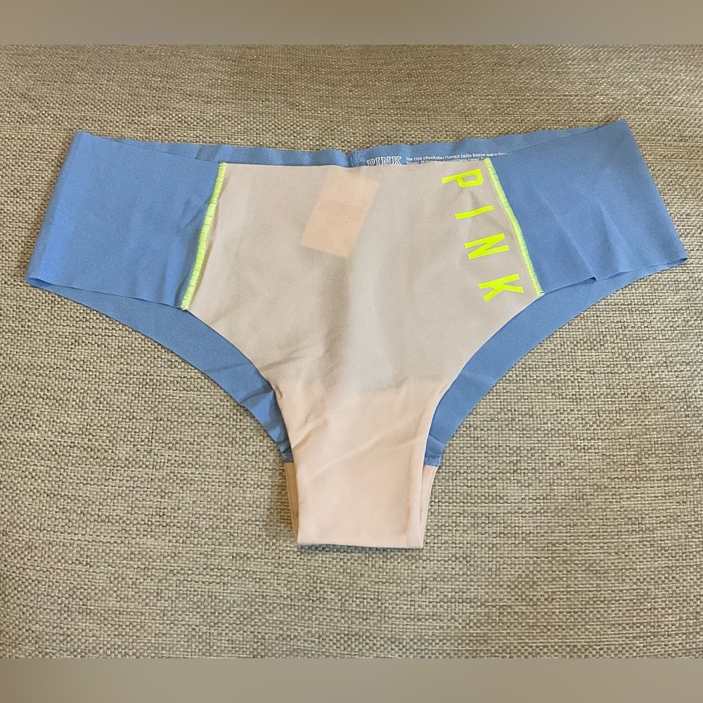 PINK Victoria's Secret Blue and Beige low rise Panty with Neon Yellow Logo